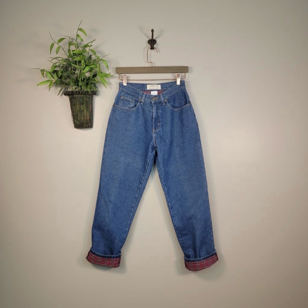 LLBean Flannel Lined Jeans Double L Relaxed Fit Plaid Medium Wash High Rise 4P